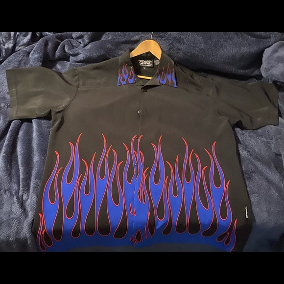 Dragonfly Clothing Vintage Button Up Flames Print Blue Red Black Poly XL. - Picture 1 of 3